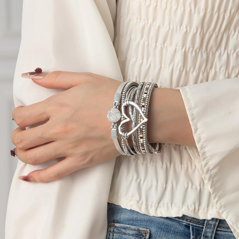 Rantanto Braid Leather Wrap Bracelet Trendy Stackable Crystal Cuff Boho Gold Heart Bracelet Jewelry Gift For Women - Image 4